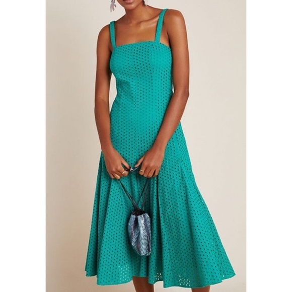50% off NWT Anthropologie Maeve green eyelet dress 10 Medium free shipping - Picture 2 of 14